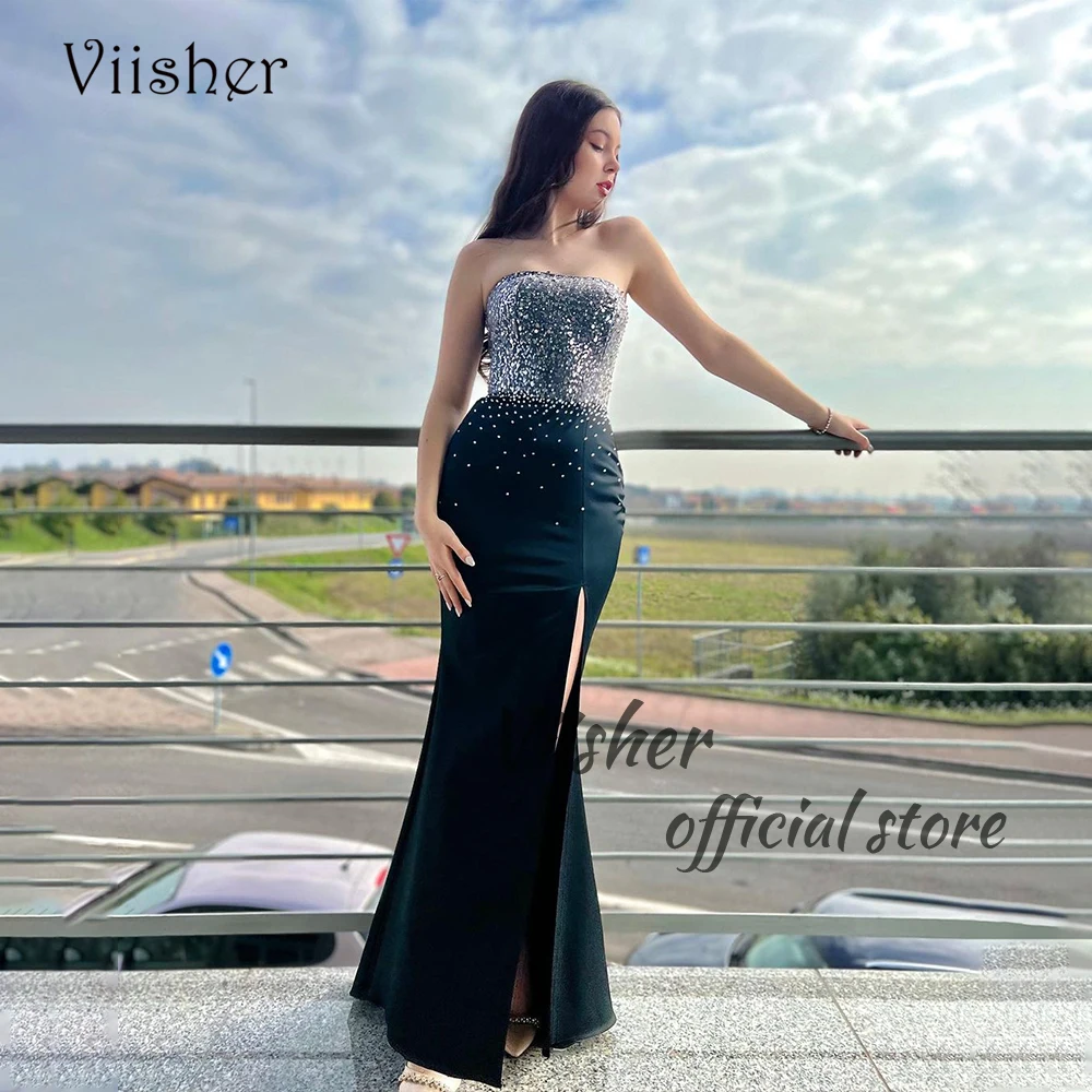 

Viisher Black Mermaid Evening Dresses Beaded Satin Strapless Prom Dress with Slit Floor Length Bodycon Formal Party Gowns