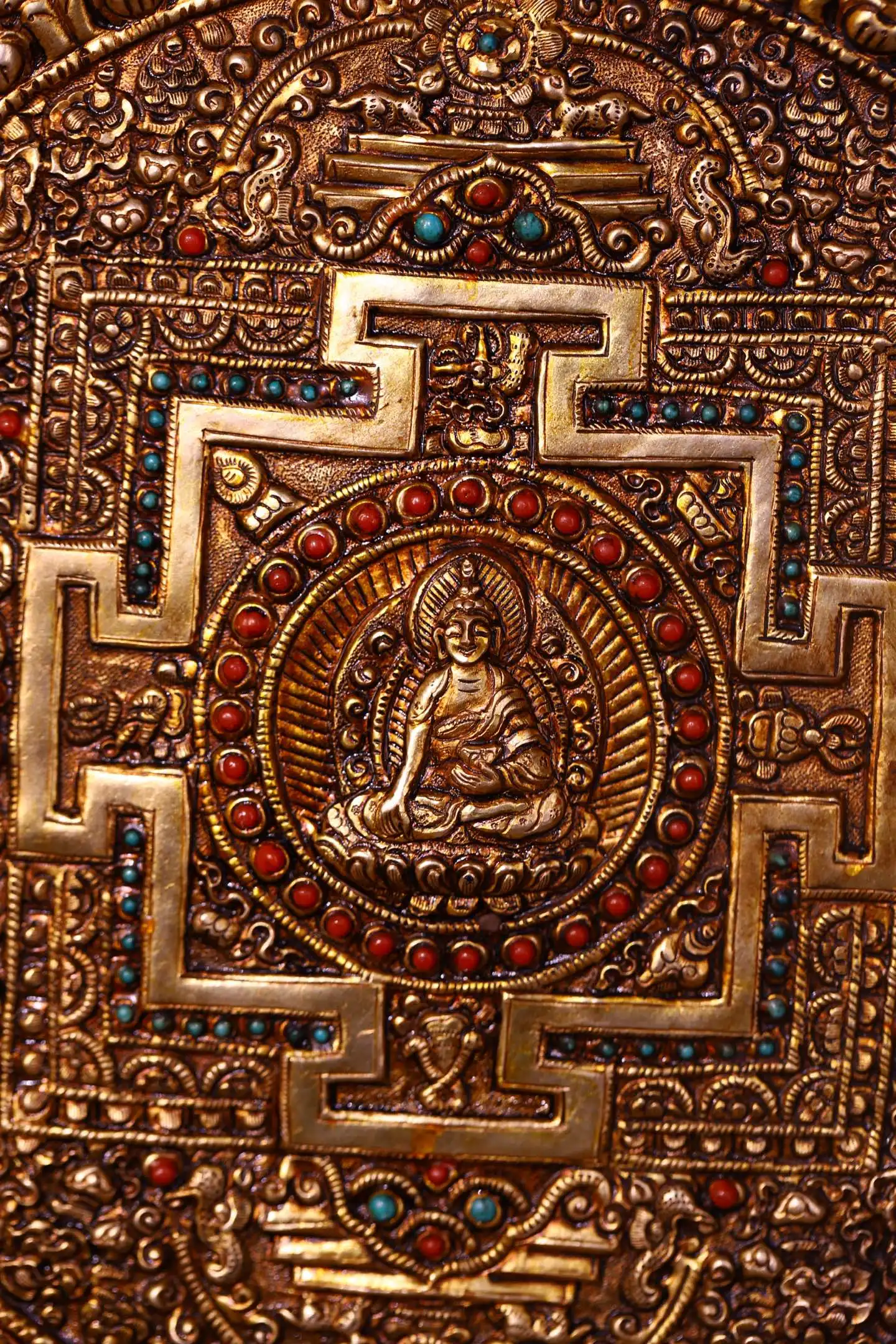 Old Tibetan Silver Gilded Mosaic Gem Turquoise Shell Five sided Buddha Thangka Buddha flower texture hanging panel  Mandala