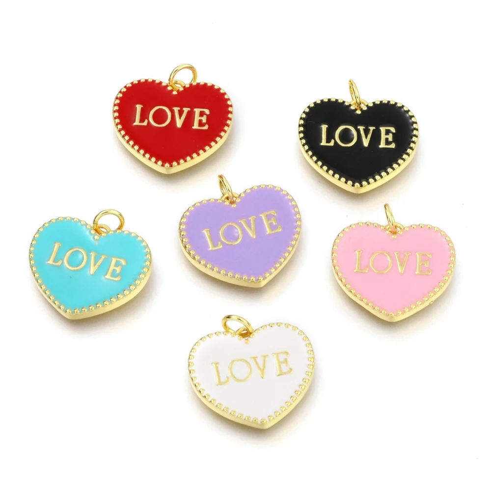 5Pcs Heart with Word LOVE Enamel Pendants Valentine's Day Hang Ornament for DIY Craft Bracelet Earring Nacklace Jewelry Making