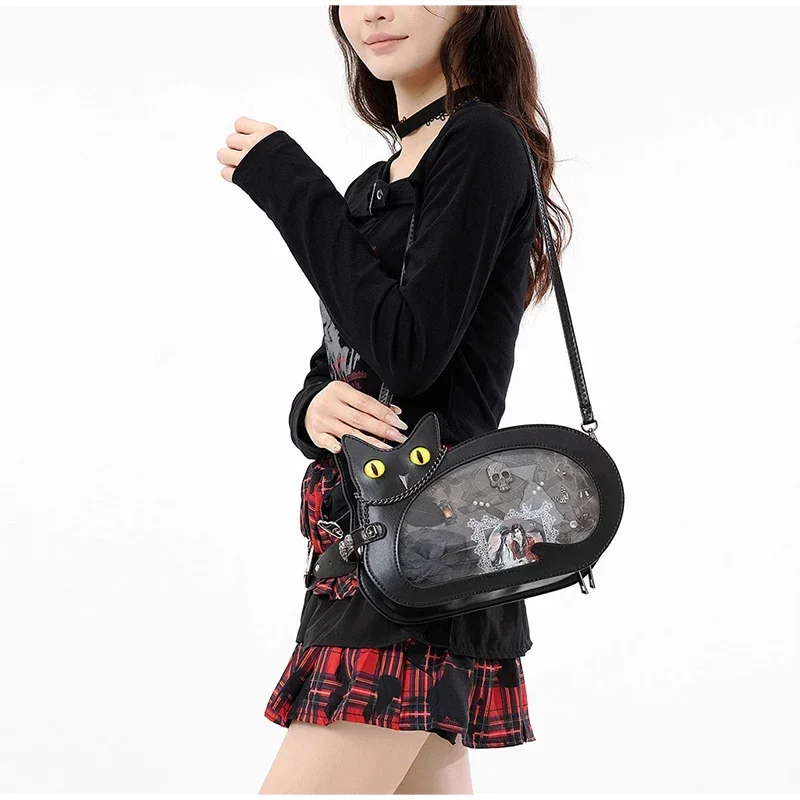 Gotische Schwarze Katzen-Ita-Tasche für Damen, Niedliche Umhängetasche mit Klarsichtfenster, Harajuku Mini-Schulter-Messenger-Tasche – Detail 4