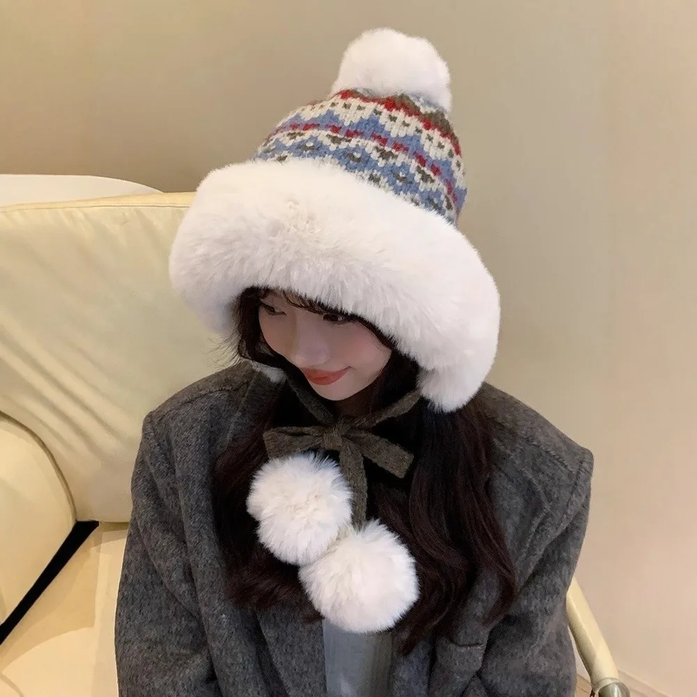 

Fashion Thick Knitted Plush Hat Windproof Warm Ear Protection Hat Ball Ethnic Style Pullover Beanie Hat Autumn Winter