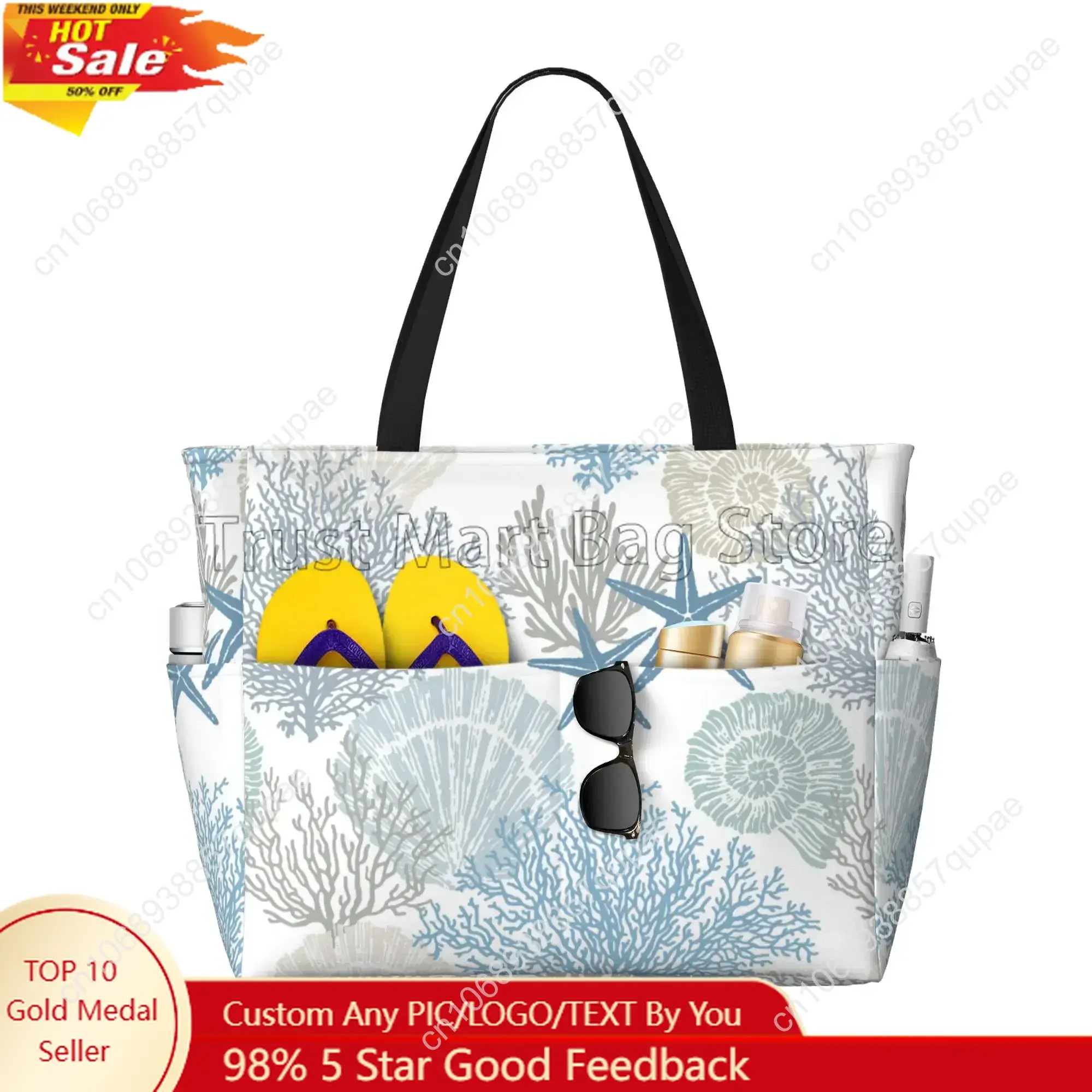 

Summer Ocean Themed Seashell Coral Starfish Large Waterproof Beach Bag Women Sandproof Pool Tote Bag for Travel Vacation Swim