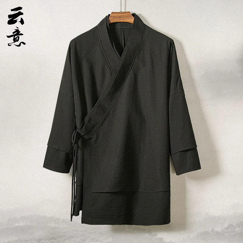 

Мужская традиционная китайская одежда Ханьфу: весенне-осеннее модное ретро-пальто в монашеском стиле, длинное пальто, костюм для чайной церемонии Дзен, даосская роба