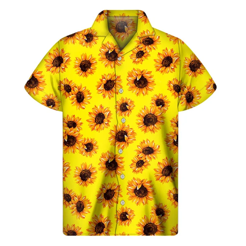 3d Plants Sunflower Print Shirt For Men Fashion Classic Short Sleeve Summer Vacation Shirts Breathable Tops Hawaiian