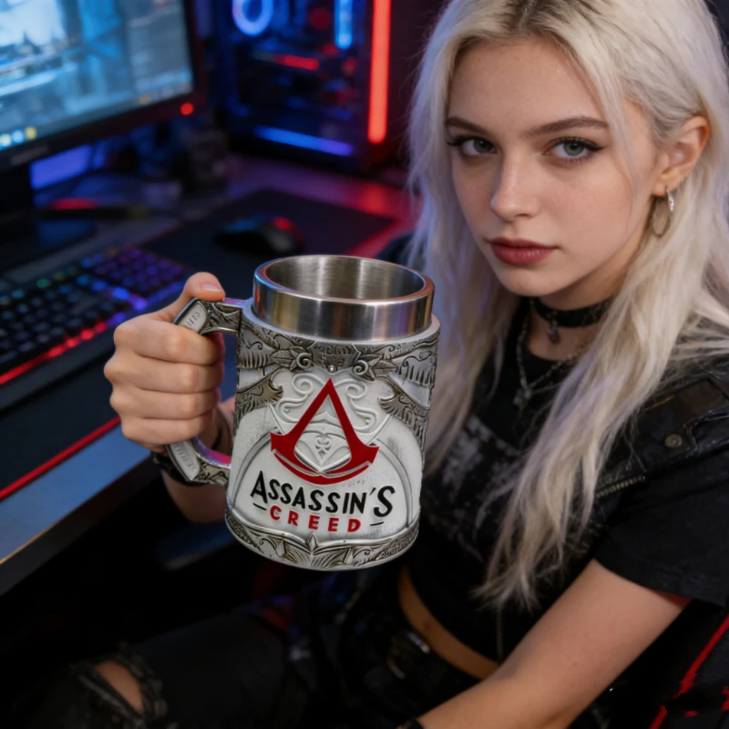 Viking Gamer Beer Mug - Assassin Themed Stainless Steel Tankard, Resin Crafted Decorative Drinkware for Home & Bar