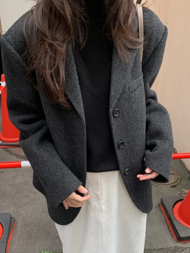 

Retro Briti Sle Woolen Suit Jaet Women's Casual Versatile High-End Feel Coat Long Sve Formal Collar Single Button