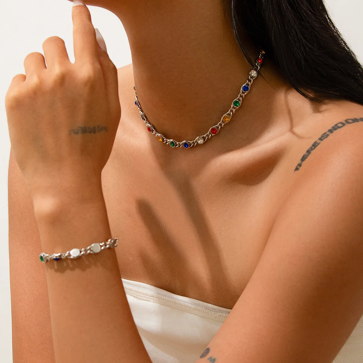 Crystal Bead Choker Necklace Colorful Rhinestone Mosaic Design Sleek Country Sweet Edgy Lightweight Durable Jewelry Women Daily