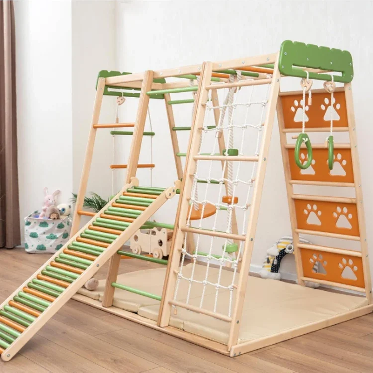 Indoor Wooden Slide and Swing set Wooden Indoor Climbing Frame Kids Playground Equipment wooden Climbing wall toys