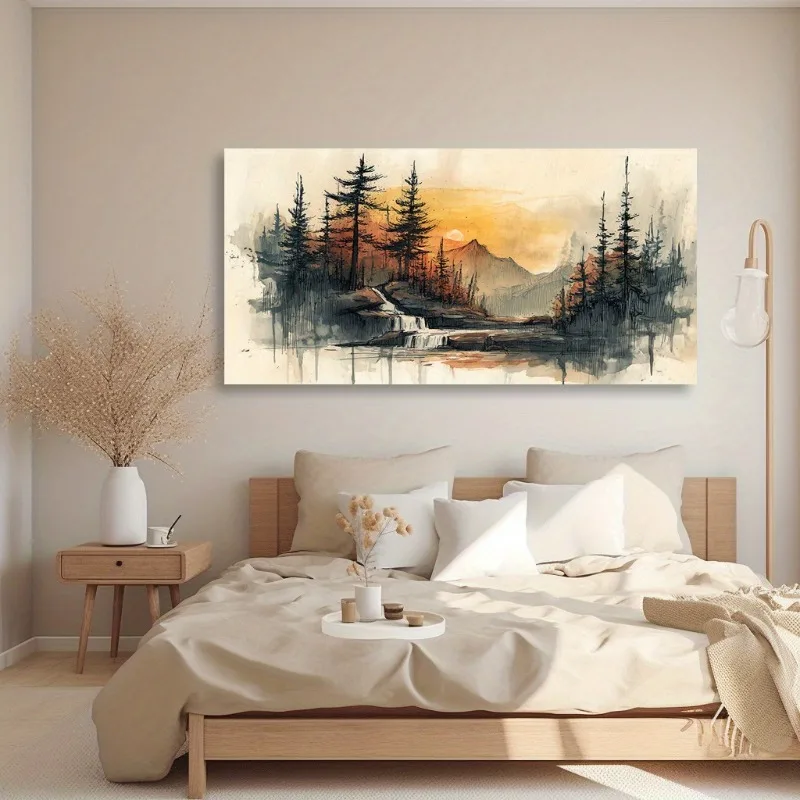 

Modern Forest Wall Art Canvas Frameless Painting, Landscape Sunset 2D Flat Print for Living Room, Bedroom, Office, Home Decor