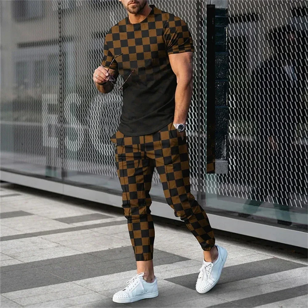 Summer Men\'s Tracksuit Sets Trousers 2 Piece Set Striped Printed Short Sleeve T Shirt+Long Pants Streetwear Trend Male Clothing