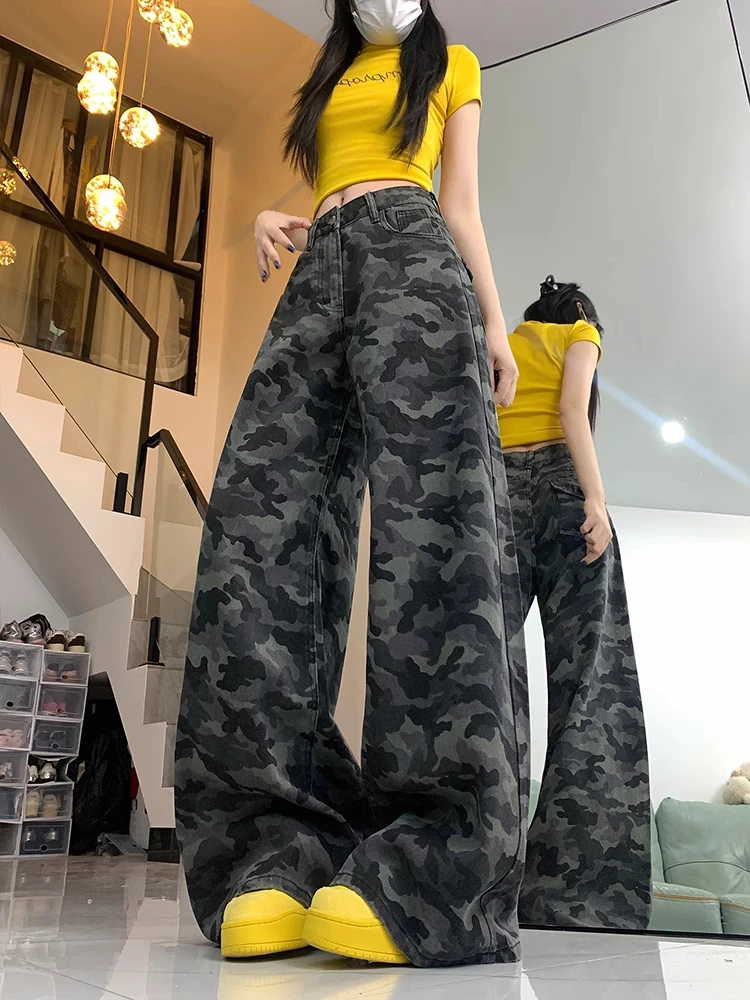 

Камуфляжные джинсовые брюки с высокой талией и широкими штанинами, женские летние свободные брюки больших размеров с прямыми штанинами Pear Ape Body American Sle