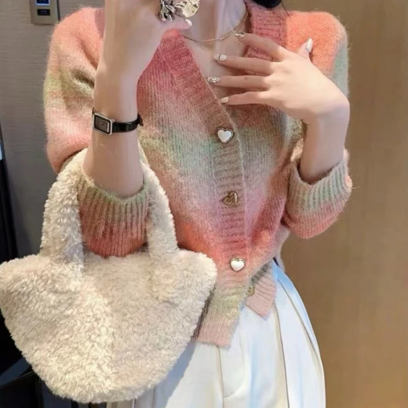 Gradient Candy Color Knit cardigan Women 2024 Autumn Milk Series Idle Sle Rainbow Soft Glutinous Sweater Loose Outerwear Z157