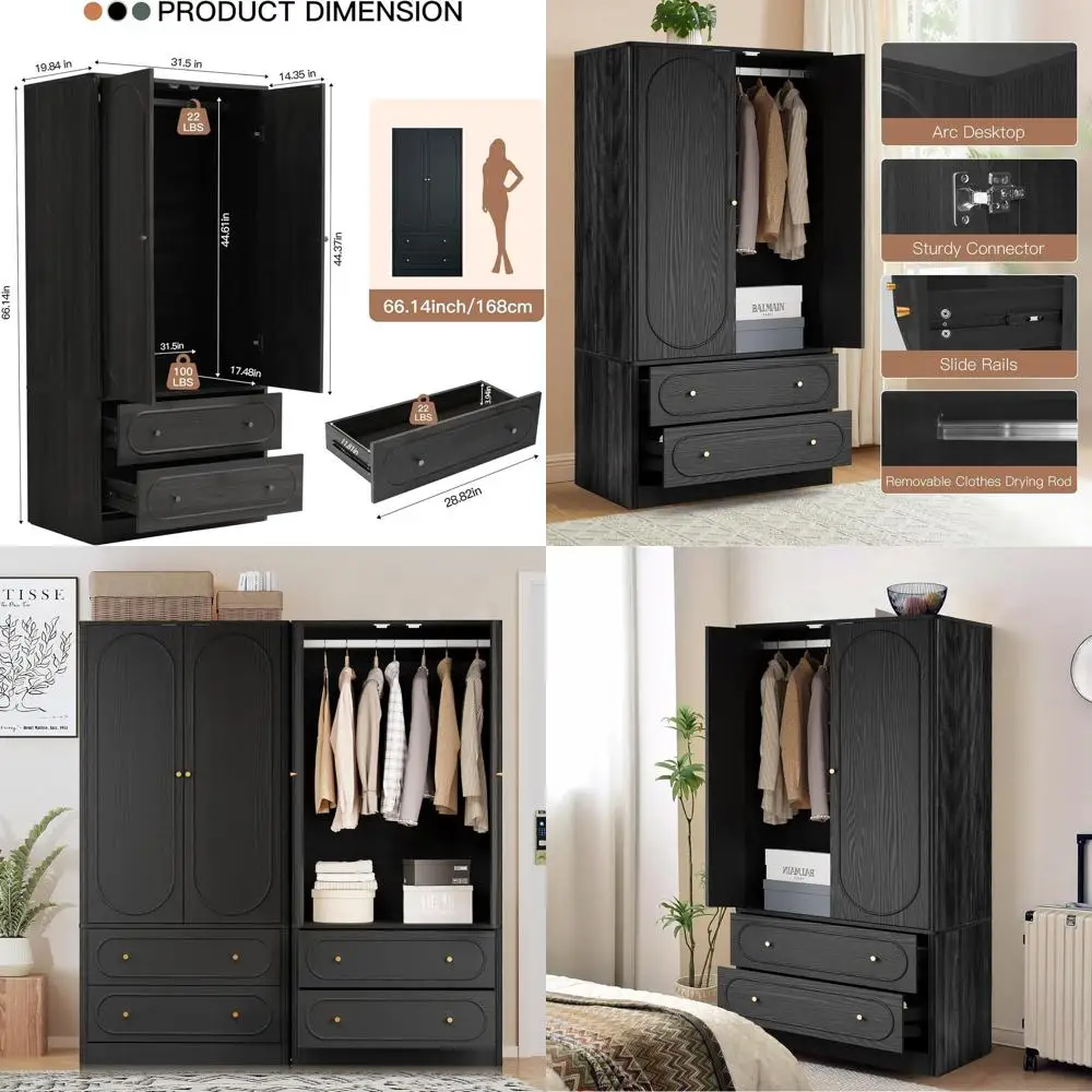 

Large Capacity Wooden Armoire with 2 Doors and 2 Drawers, Ideal for Bedroom or Living Room - Black
