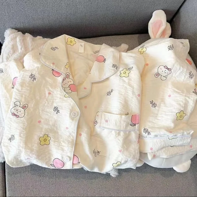 Print Rabbits Cute Kawaii Piżamy dla kobiet Jesienne miękkie zestawy piżam Bielizna nocna Zestaw spodni z długim rękawem Piżama damska Garnitur domowy