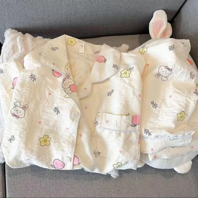 Print Rabbits Cute Kawaii Piżamy dla kobiet Jesienne miękkie zestawy piżam Bielizna nocna Zestaw spodni z długim rękawem Piżama damska Garnitur domowy