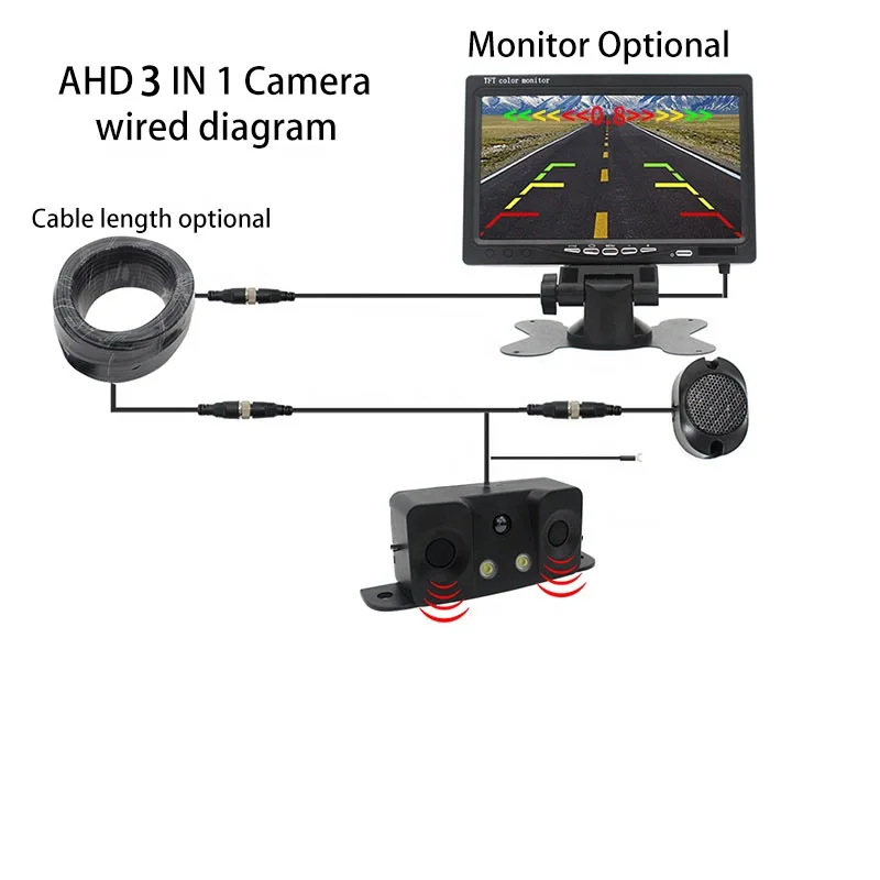 طقم مستشعر ركن السيارة العكسي 3 في 1 مع شاشة مقاومة للماء مقاس 7 بوصات وكاميرا احتياطية بنظام مضاد للتصادمات على شكل حرف U #2