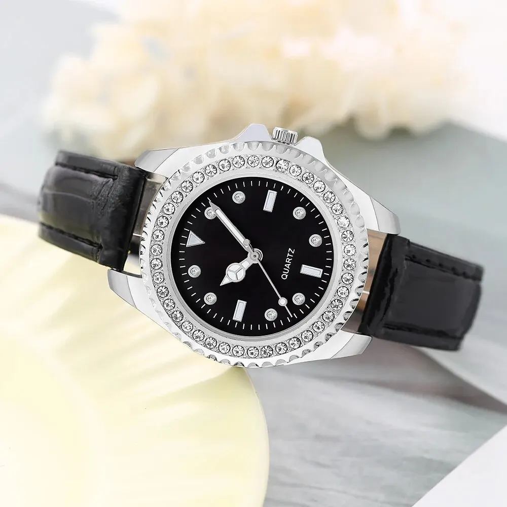 Women Fashion Casual Leather Belt Watches Glasses Ladies Rhinestone Dial Quartz Wristwatches Set Dress Clock Montre Femme