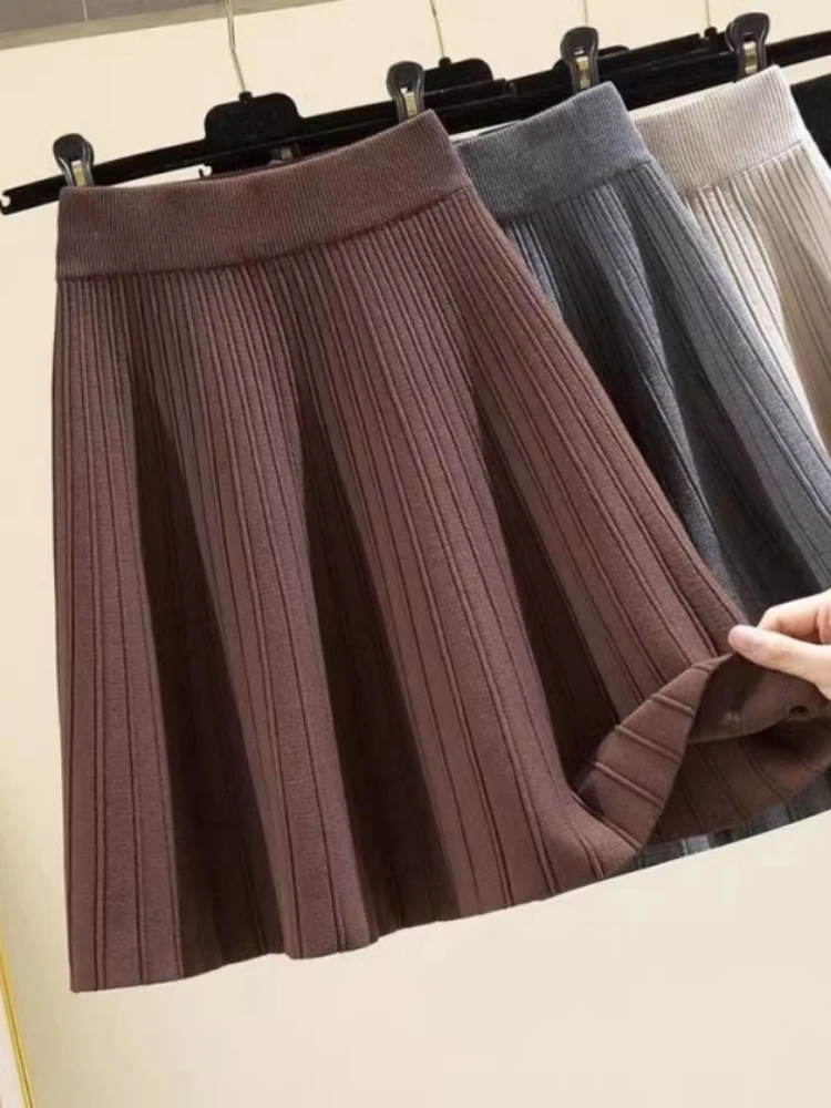 High Waist Knitted Umbrella Skirt A-Line Short Midi Skirt Draping Feeling Women's Fashion Autumn Winter Cover Hip Short Skirt