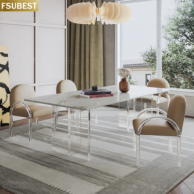 FSUBEST Free Shipping Italian White Rock Slab Dining Table With Chair Clear Acrylic Floating Base Tables Chairs Home Furniture