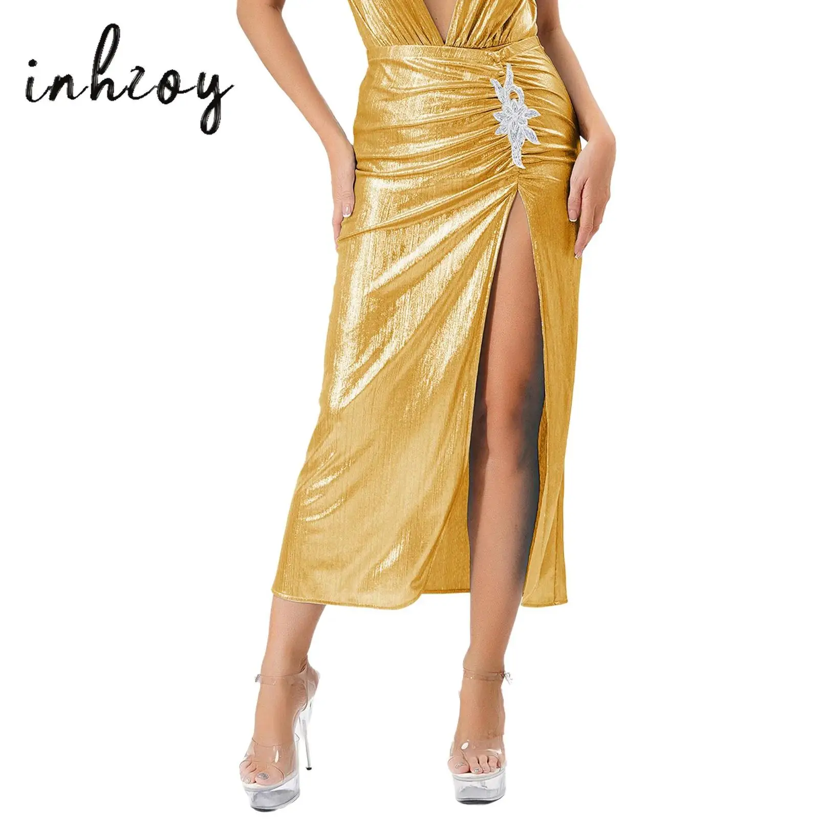 

Women's Shimmering Skirt Sequined Embroidery Side Ruched Slit Elastic Waist Maxi Skirt for Poolside Beachwear Latin Tango Skirts