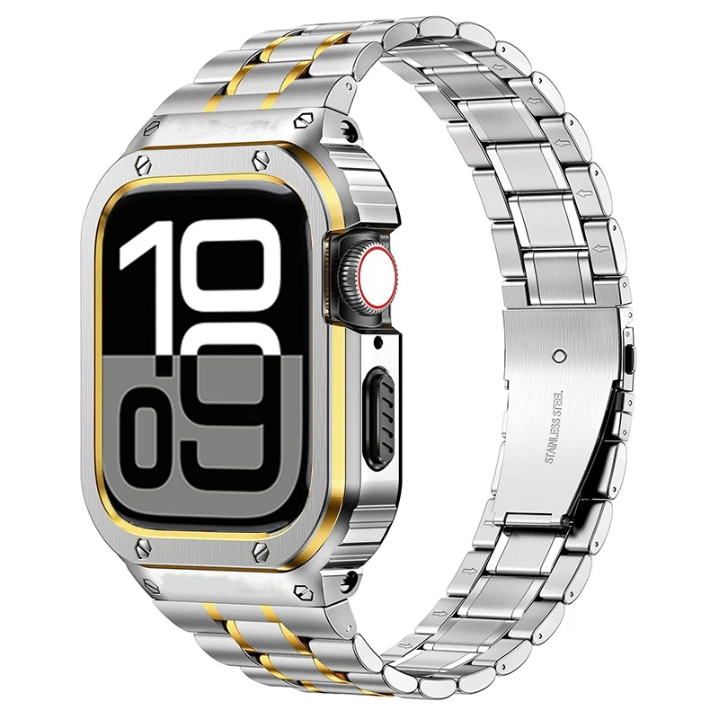 

Чехол с ремешком из нержавеющей стали для Apple Watch Ultra Band 49 мм, 46 мм, 45 мм, 44 мм, 41 мм, металлический бампер, рамка для iWatch Series 10 9 8 7 SE