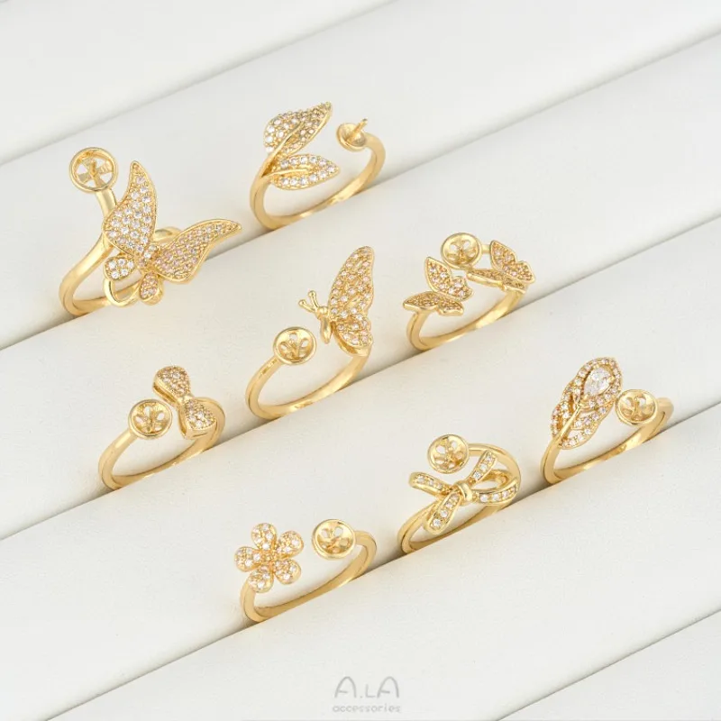 14K Gold Color Micro Pave Zircon Flower Leaf Butterfly Bead Ring For DIY Pearl Jewelry Bracelet Necklace Making Accessories