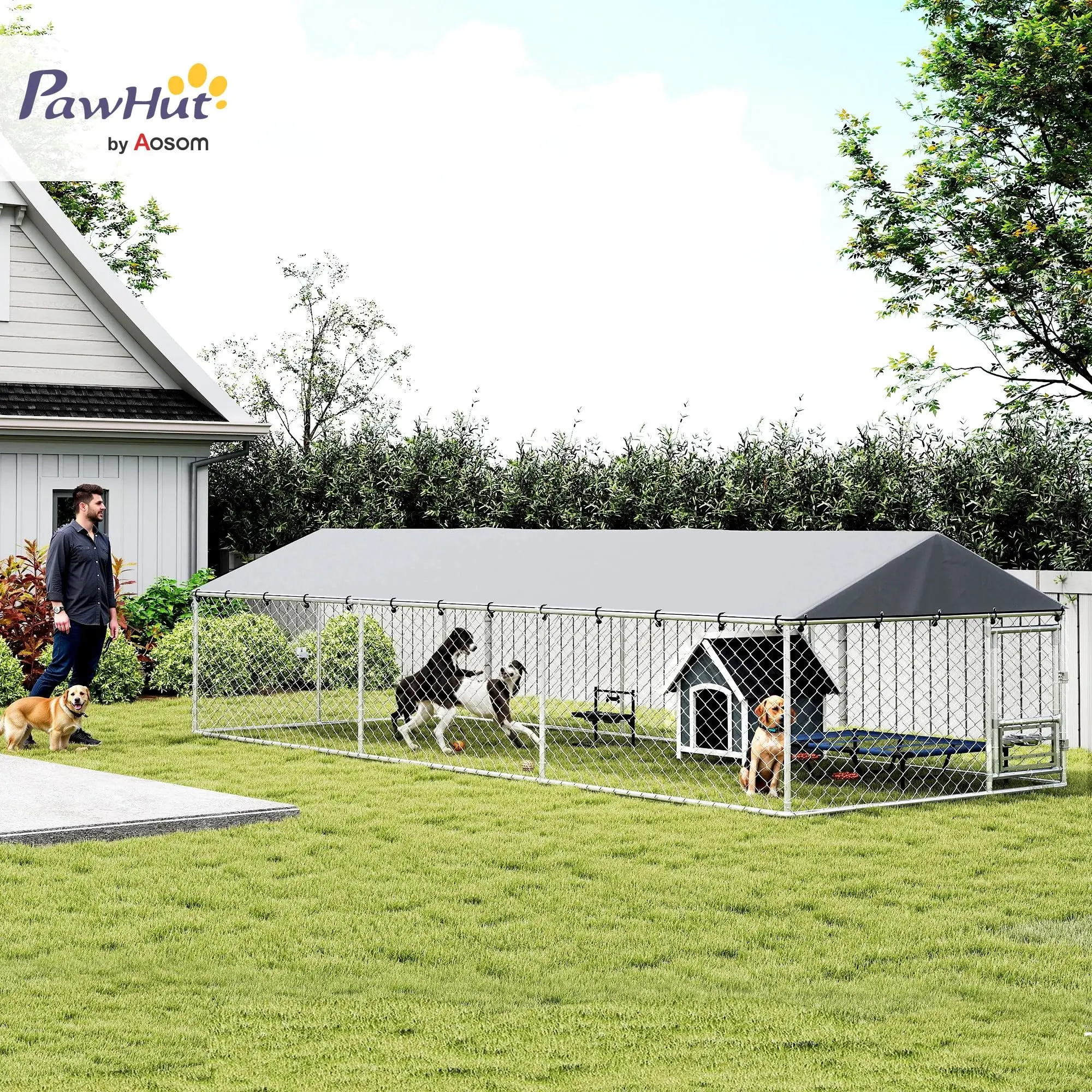 Outdoor Dog Kennel with Roof, 20' x 7.5' x 5' Chain Link Dog Run