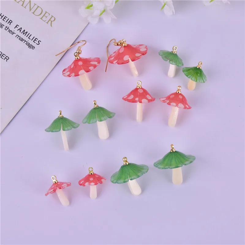 6pcs/pack 3D Green Red Mushroom Shape Arcylic Charms Pendant for Earring Jewelry Making Craft DIY