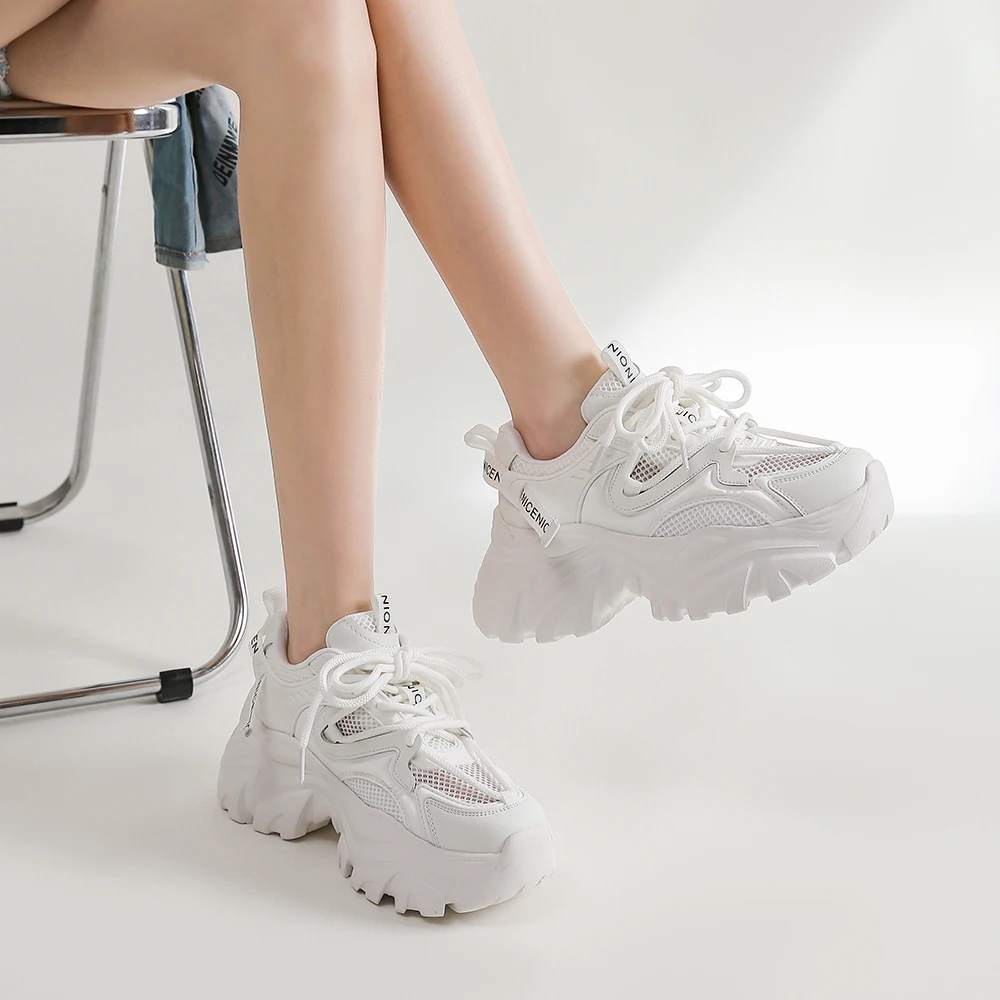 SOMILISS Women Chunky Sneakers Genuine Leather Mesh Round Toe Lace Up Ladies Breathable Fashion Platform Casual Shoes Handmade