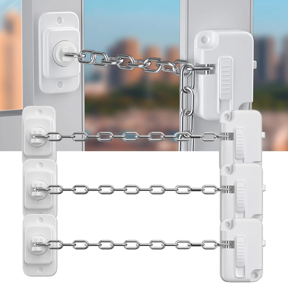Fechadura de corrente de porta autoadesiva, 3 peças, restritor de janela, fechaduras de segurança infantil, sem perfuração, ajustável para janela deslizante de madeira upvc