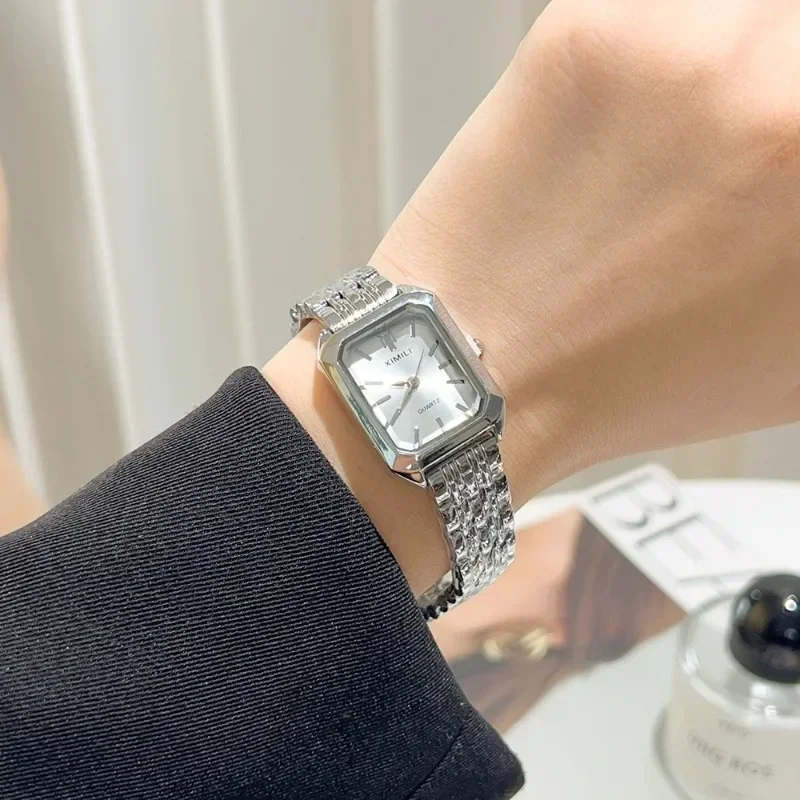 Fashion Square Watches Women Girls Elegant Silver Stainless Steel Wrist Watches Exquisite Simple Daily Watches Jewelry Accessory