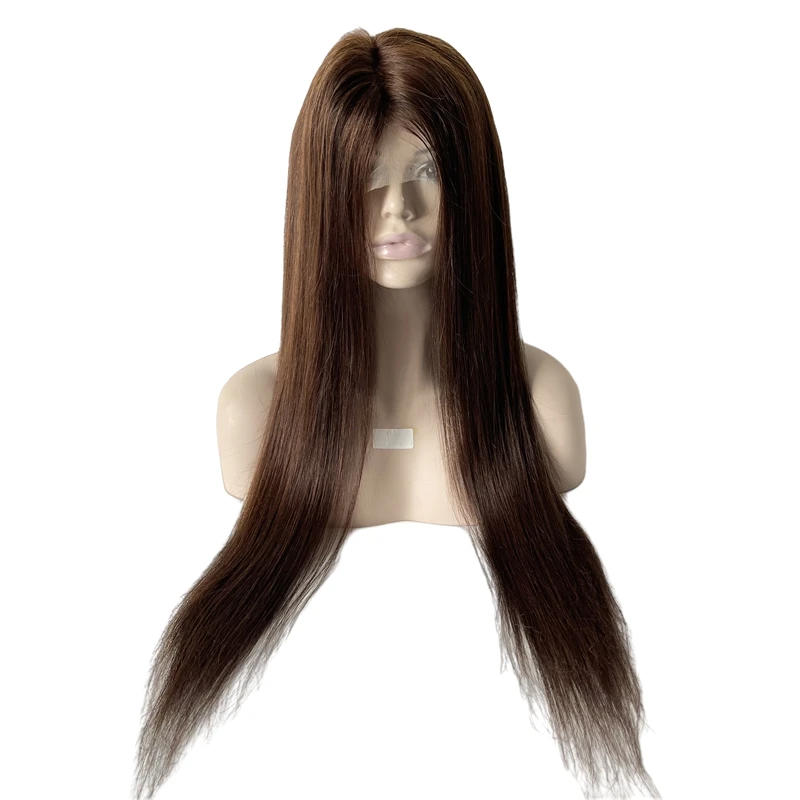 26 inches Brazilian Virgin Human Hair Medical Wig 180% Density Color #4 Silky Straight Full Lace with PU Perimeter Wig