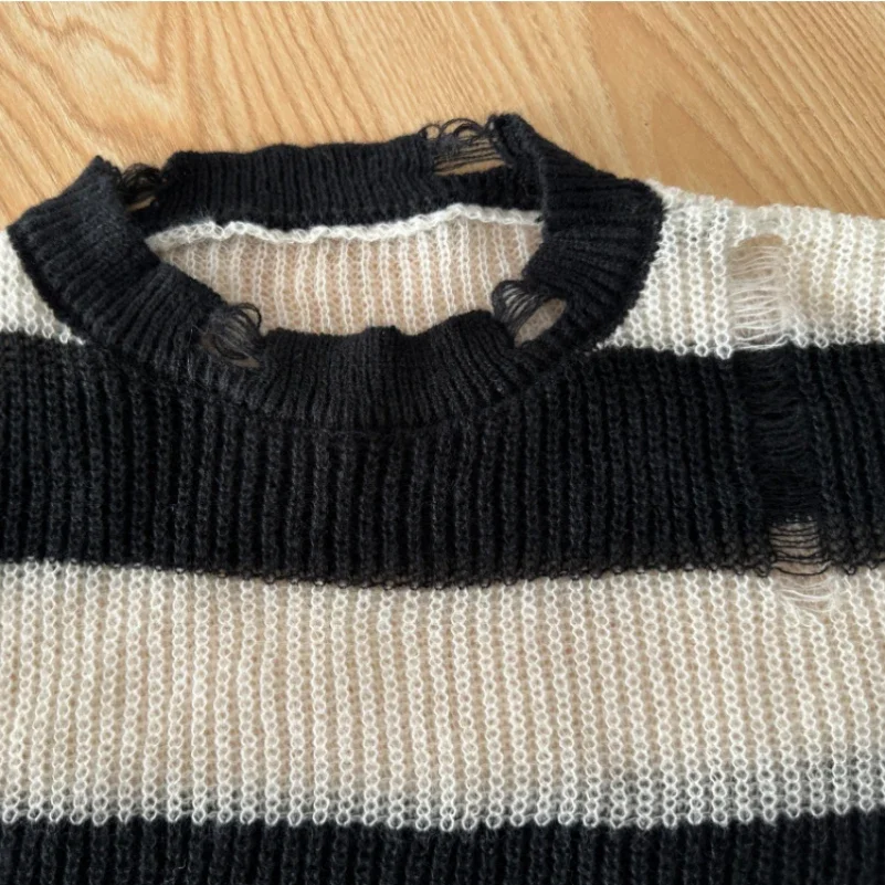 سترة PTKPCC باللون الأسود والوردي للنساء للربيع والخريف متوسطة الطول وفضفاضة على طراز كسول سترة محبوكة مخططة #6