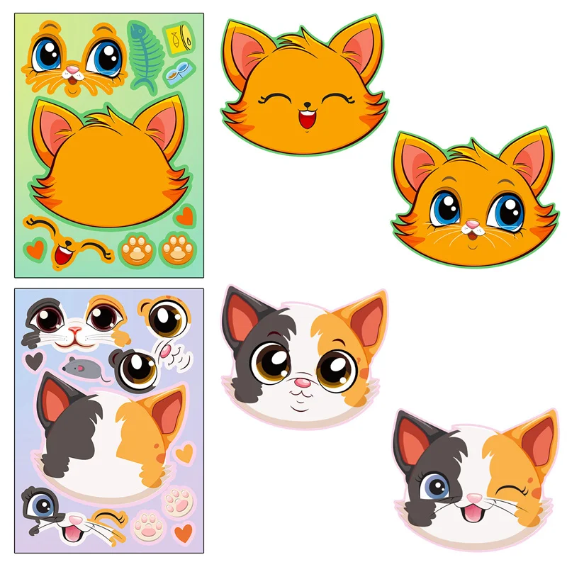 6-24Sheet Make Your Own Cats Stickers Kids DIY Make-A-Face Sticker Party Games School Activity Reward Puzzle Jigsaw Children Toy