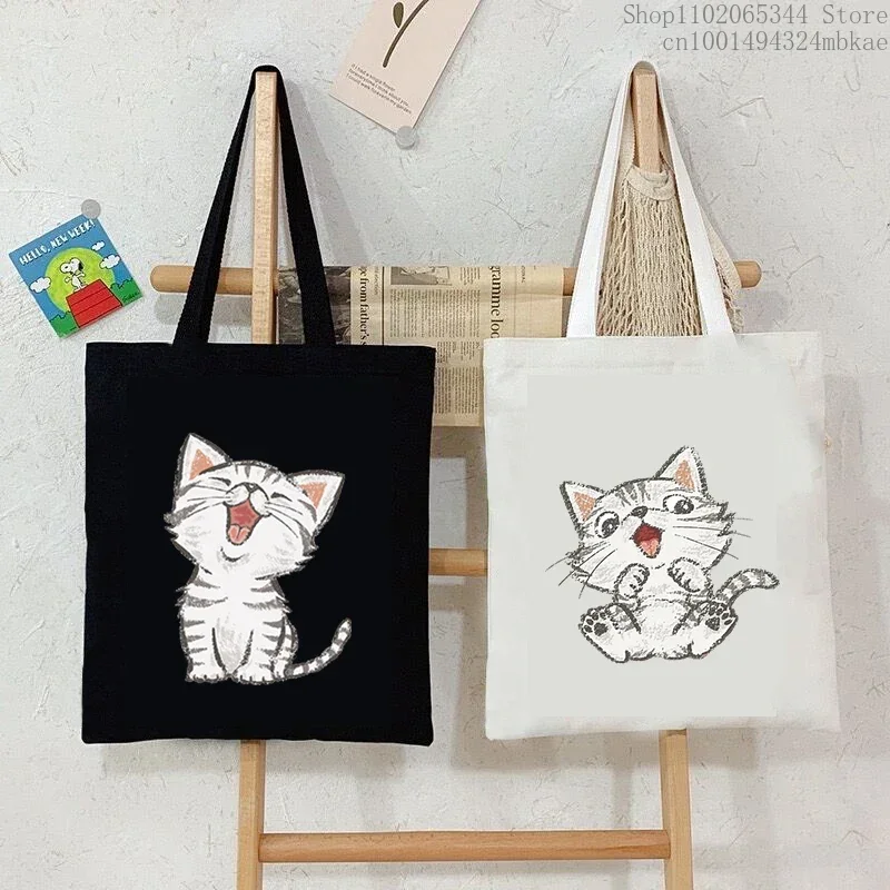 Canvas Tote Bag Women's Cute Comic Cats Shoulder Bag Student Portable Designer Shopping Bags Cartoon Kitten Men Casual Handbags