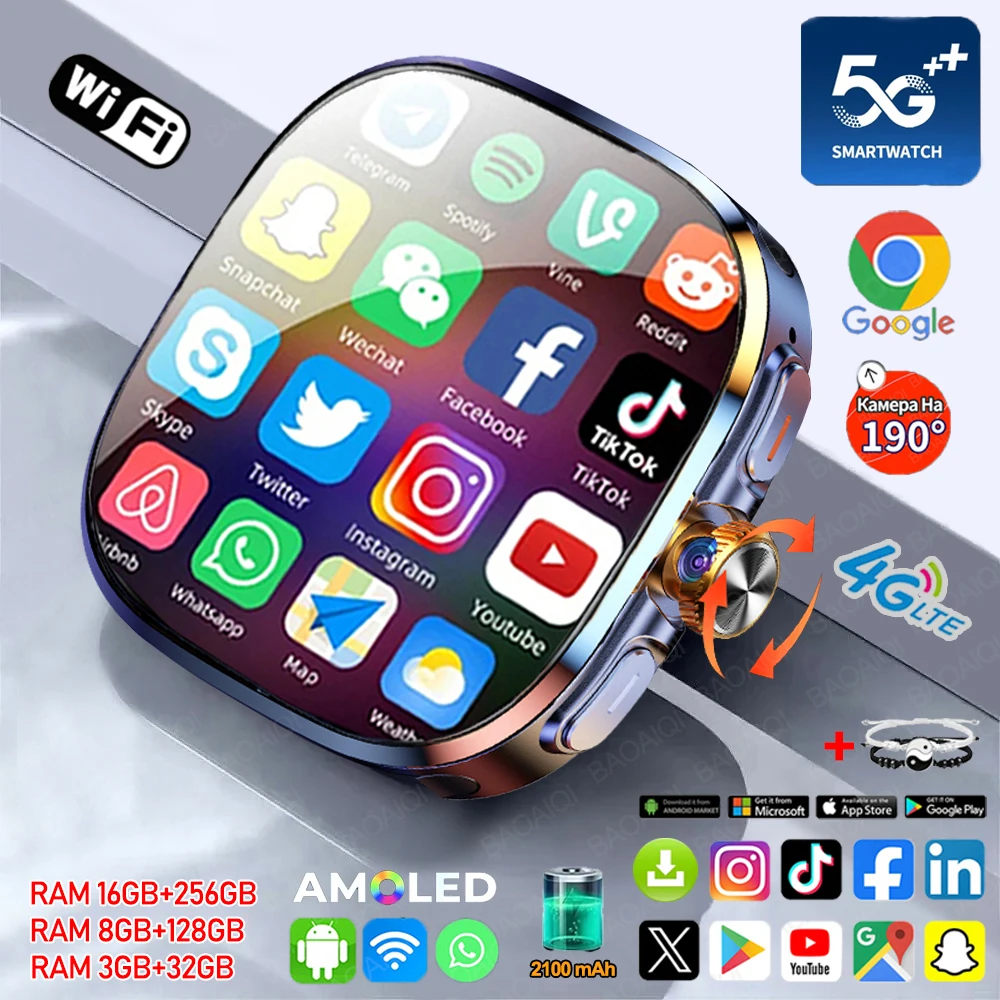 Reloj inteligente 5G/4G con red completa, pantalla HD grande de 2.4 pulgadas, videollamada, 16GB+256GB de RAM, 2100mAh, Google Play, WIFI, GPS, tarjeta SIM.