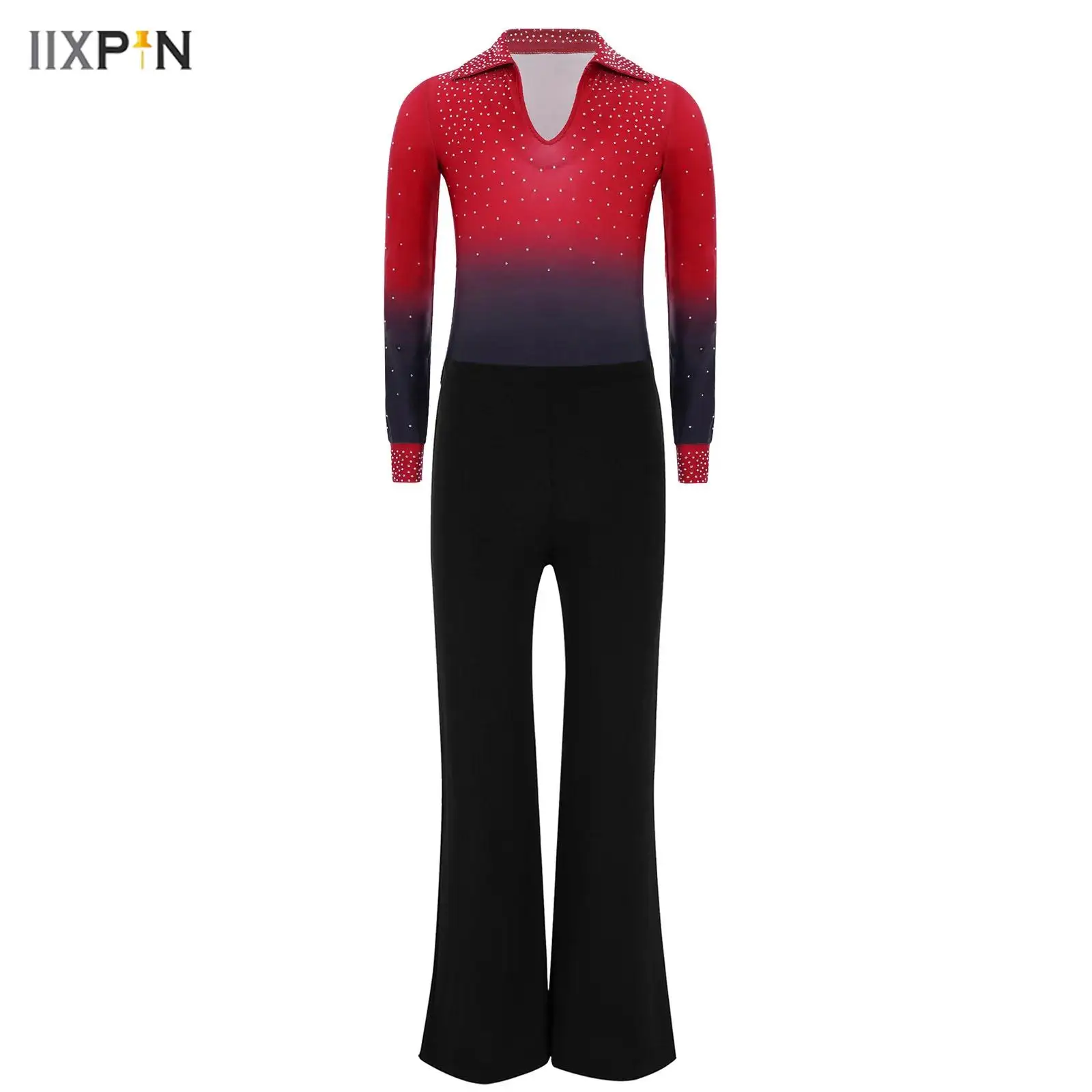 

Kids Boys Jazz Latin Dance Performance Costume Turn-Down Collar Long Sleeve Shiny Rhinestones Gradient Color Leotard with Pants