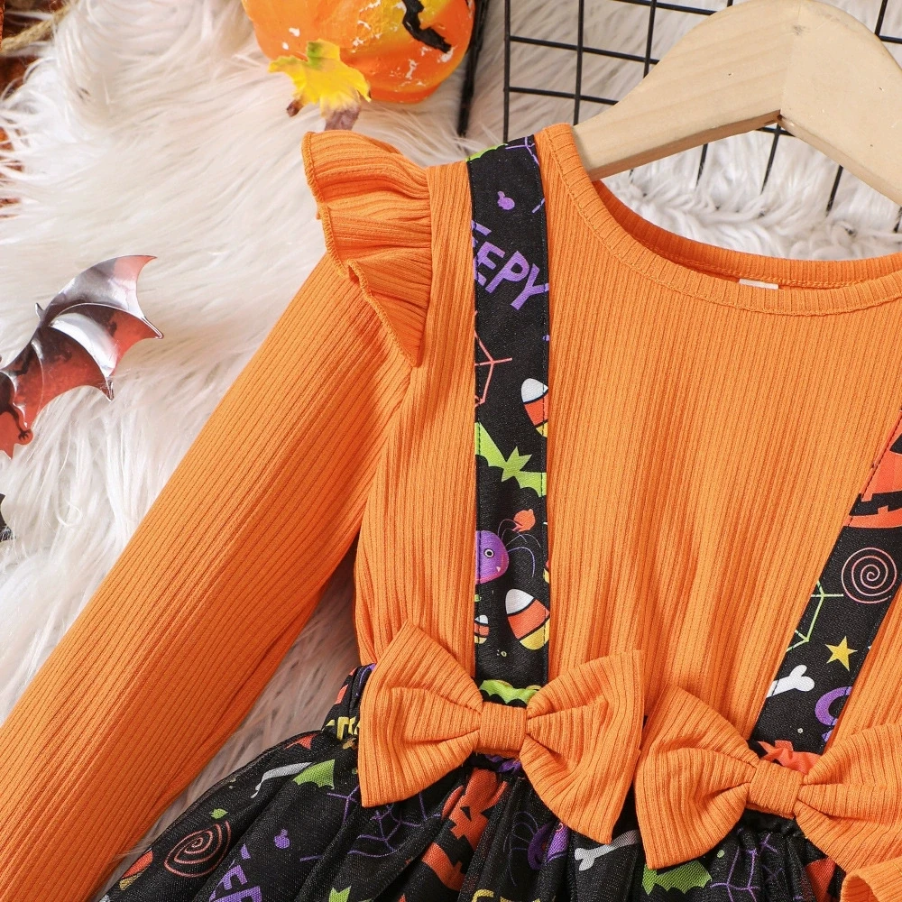 Abito da neonata Abito in rete di Halloween Manica lunga Gonna con stampa di cartoni animati per ragazze per feste autunnali/invernali Abbigliamento per bambini