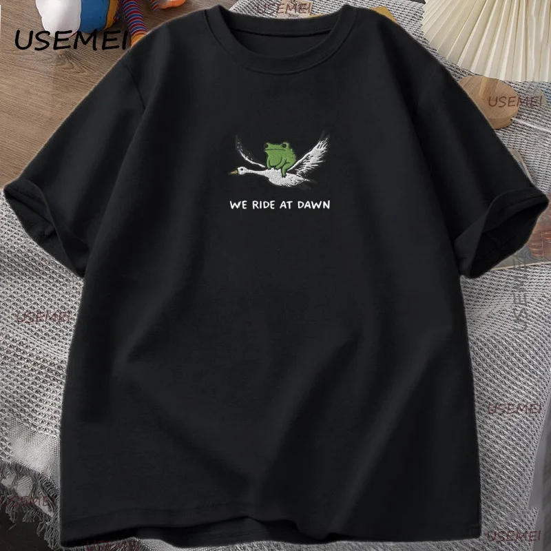 

We Ride At Dawn T-Shirt Funny Frog and Goose Tee Casual Cotton Short Sleeve Round Neck Tshirt Streetwear Male Clothing Y2k