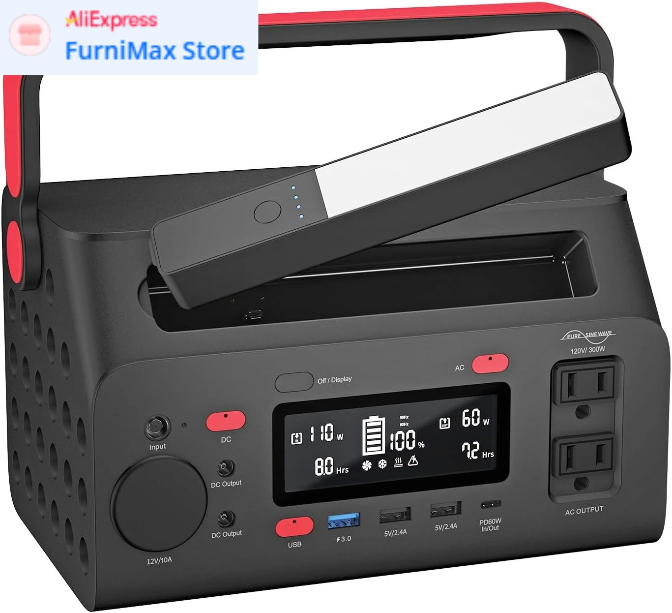 

293W Portable Power Station, Flashlight, Lithium, Solar Generator,120V/300W(Peak 600W) Pure Sine Wave AC Outlet, 60W USB-C PD