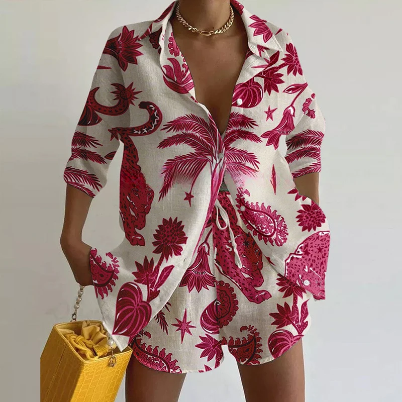 Summer Vacation Print Casual Two-piece Set Women Spring Lapel Buttons Shirt & Lace-up Shorts Outfit Female 3/4 Sleeve Loose Suit