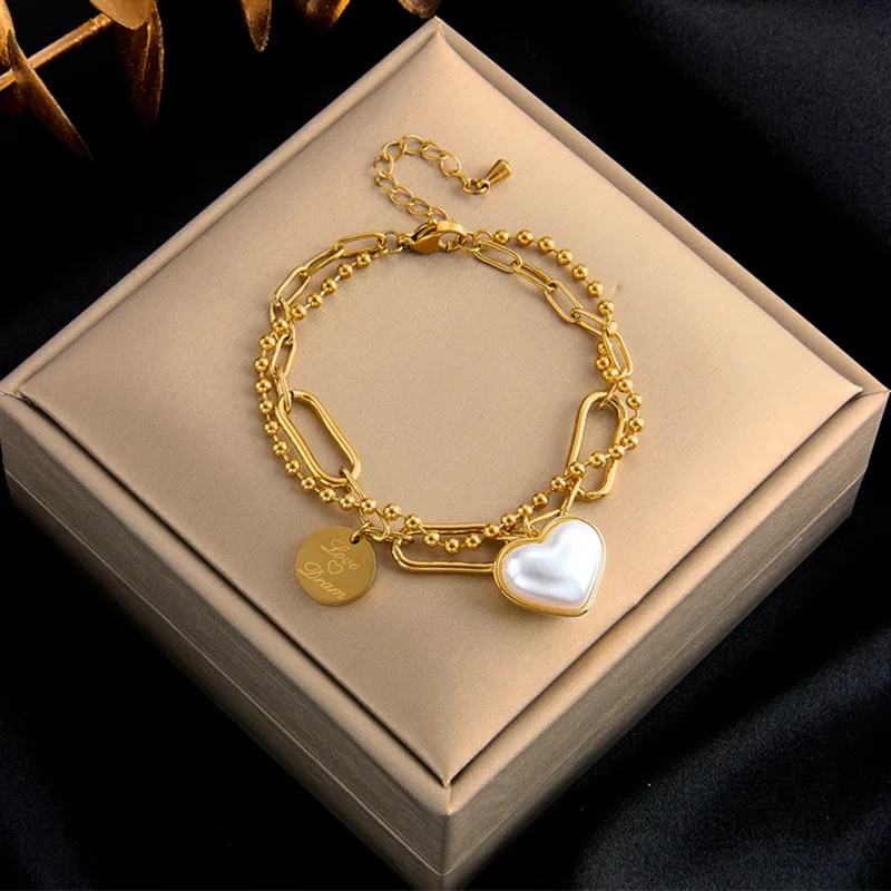 New Fashion Woman's Heart Baroque Pearl Jewelry Stainless Steel Doubler Layers Chain Bracelet RJ284