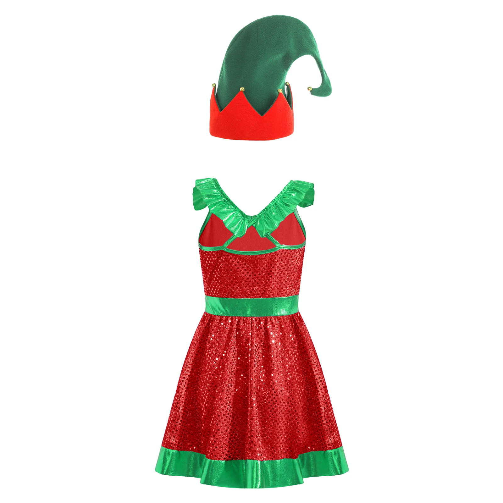 Bambini ragazze natale paillettes babbo natale Costume senza maniche Color Block Patchwork Tutu Dress Ballet Dancewear con cappello di babbo natale