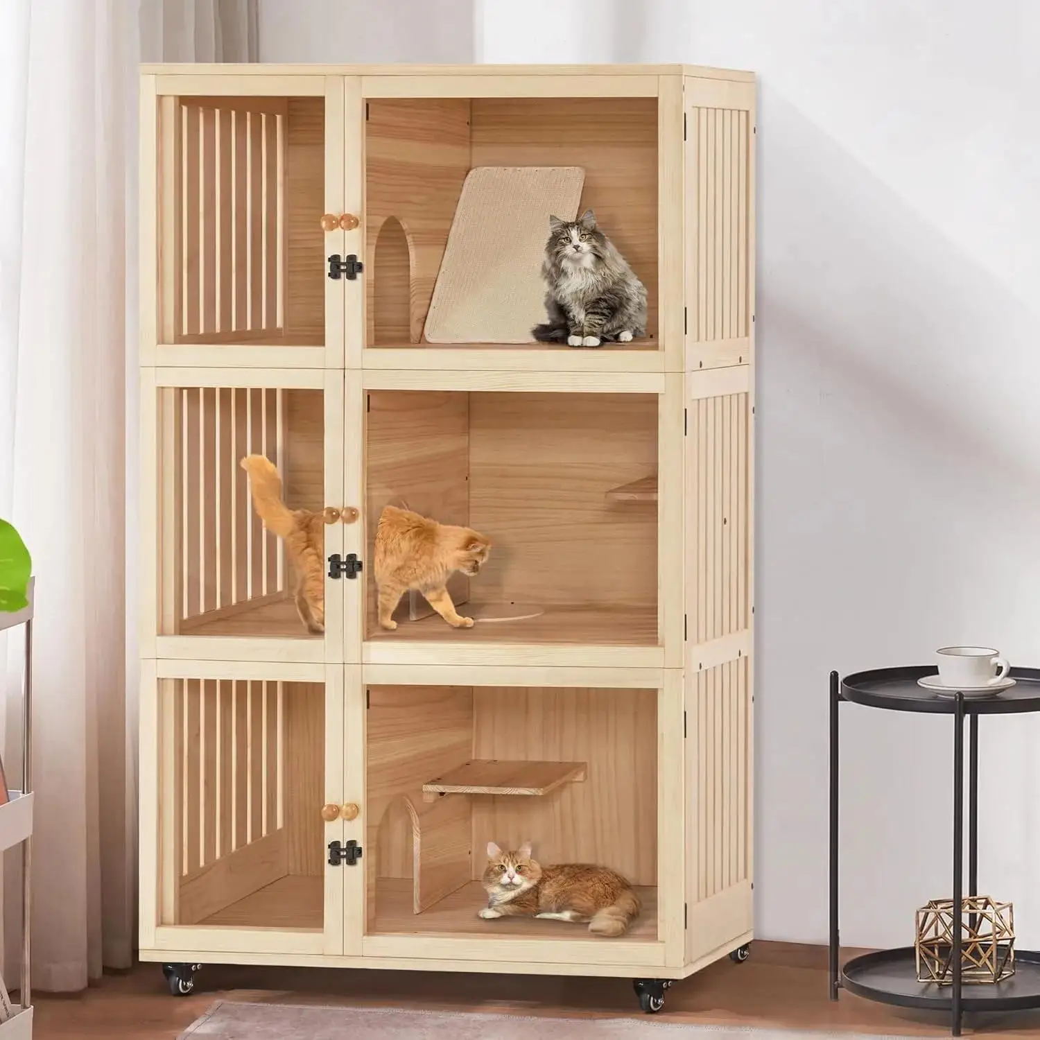 Large Wooden Cat House Villa, Luxury Triple Cat Condo with Scratching Pad, Openable Cover and Wheels, Cat Shelter Indoor