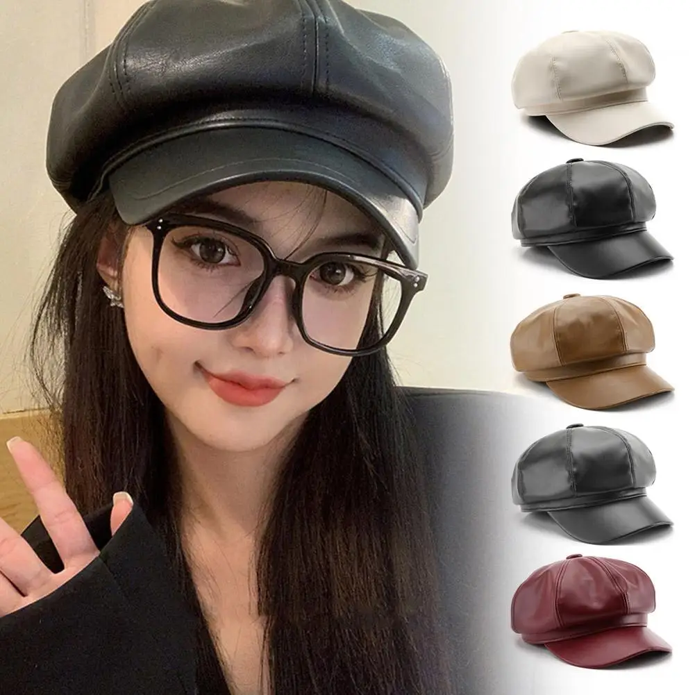 Solid Color Pu Leather Octagonal Cap Female Fashion Tongue Cap Newsboy Painter Retro Autumn Winter Cap Hat Women Duck Hat B L8u3