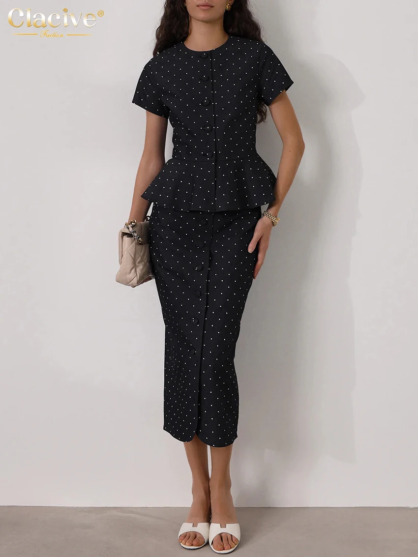 Clacive Summer Slim Print Skirts Set 2 Piece Woman 2025 Fashion Short Sleeve Shirt With High Waist Midi Skirt Set Streetwear image 3