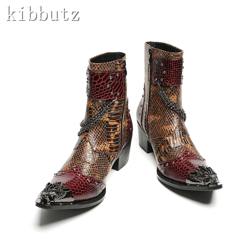

Fashion Design Rivet Chains Men Ankle Boots Luxury Metal Toe Belt Buckle High Heel Ankle Boots Party Dress Chelasea Boots