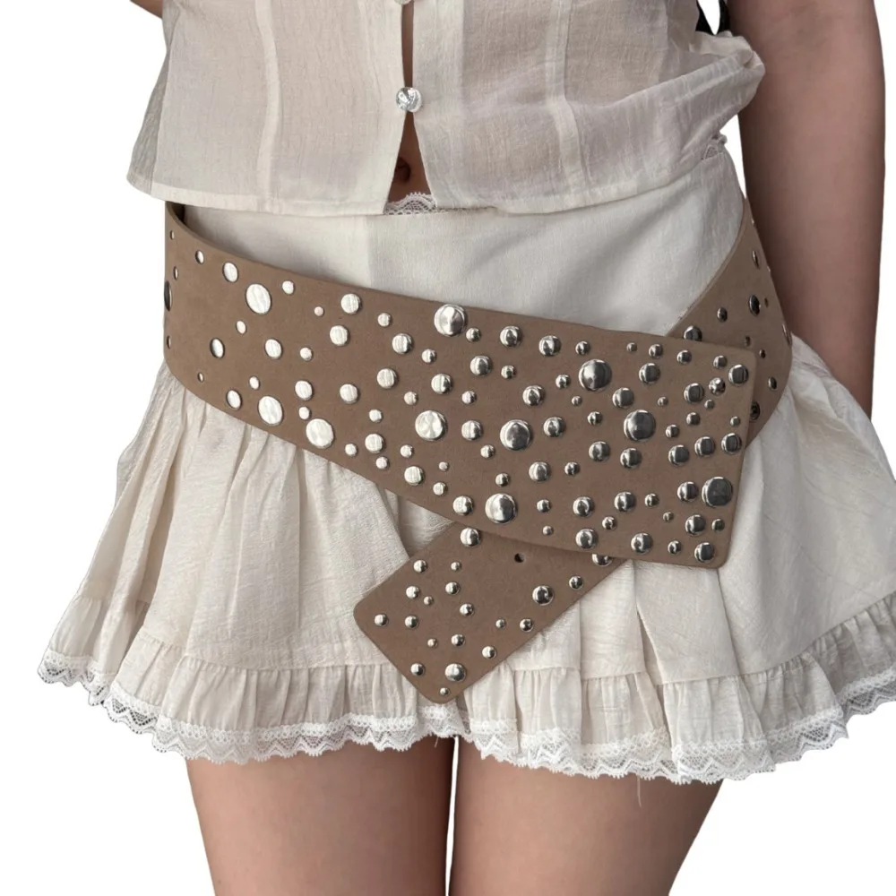 Cool PU Leather Rivets Extra Wide Belt Y2K Punk Studded Wide Waistband Gothic Exaggerated Women Waist Belts Festival