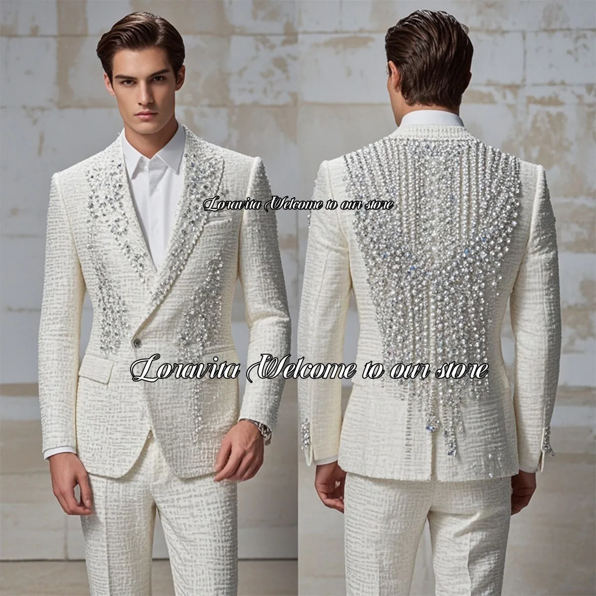 Luxury Sparkly Beaded Crystals Men Suits 2 Pieces Sets Groom Wedding Tuxedos Formal Male Prom Blazers Slim Fit Costume Homme