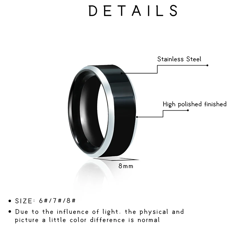 Anéis pretos clássico anel de aço inoxidável noivado casamento bandas para homens feminino casal preto prata cor moda jóias 8/6mm